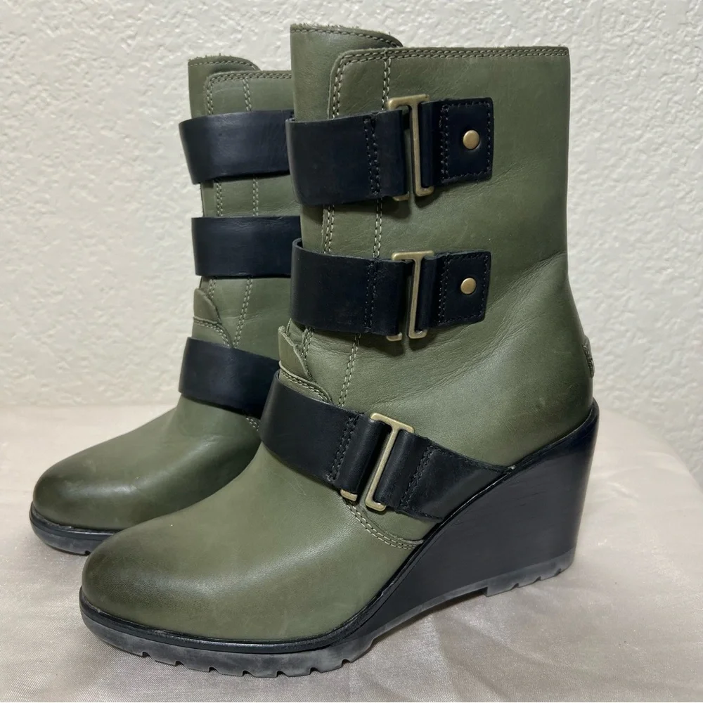 Sorel After Hours Waterproof Leather Wedge Bootie Color Nori NL2550-383 Size 7.5